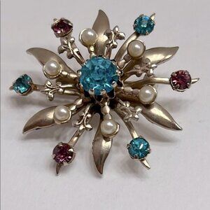 Vintage Floral Brooch with Blue and Pink Gems